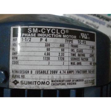 Sumitomo Cyclo gearmotor CNHM-1H-6095YB-6, 292 rpm, 6:1, 15hp, 230/460, inline